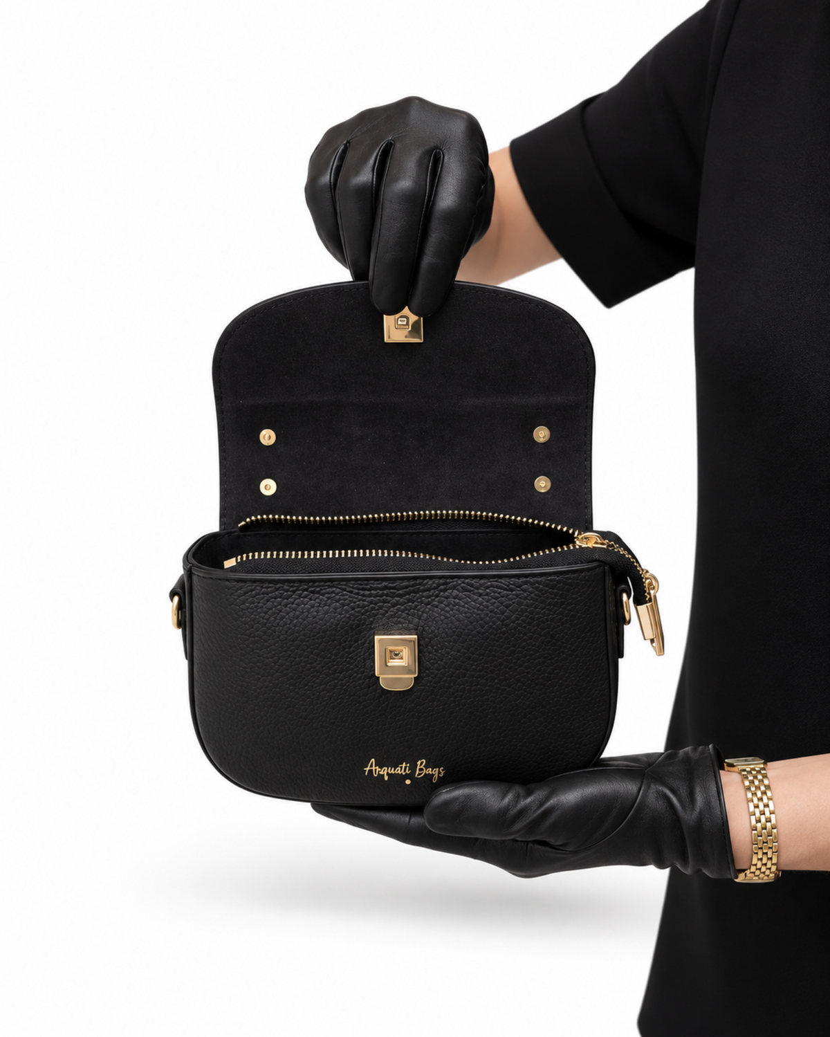 Borsa Gemma nera in vera pelle martellata – Arquati Bags interno