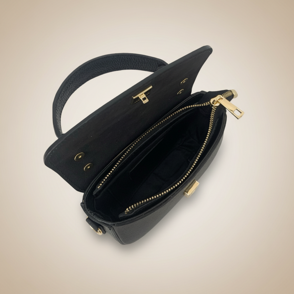 Visione interna orsa Gemma nera in vera pelle martellata – Arquati Bags