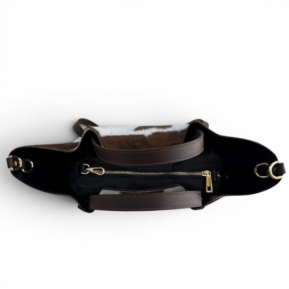 vista apertura borsa  in pelle martellata color testa di moro e cavallino Arquati Bags mod. venus cavallino