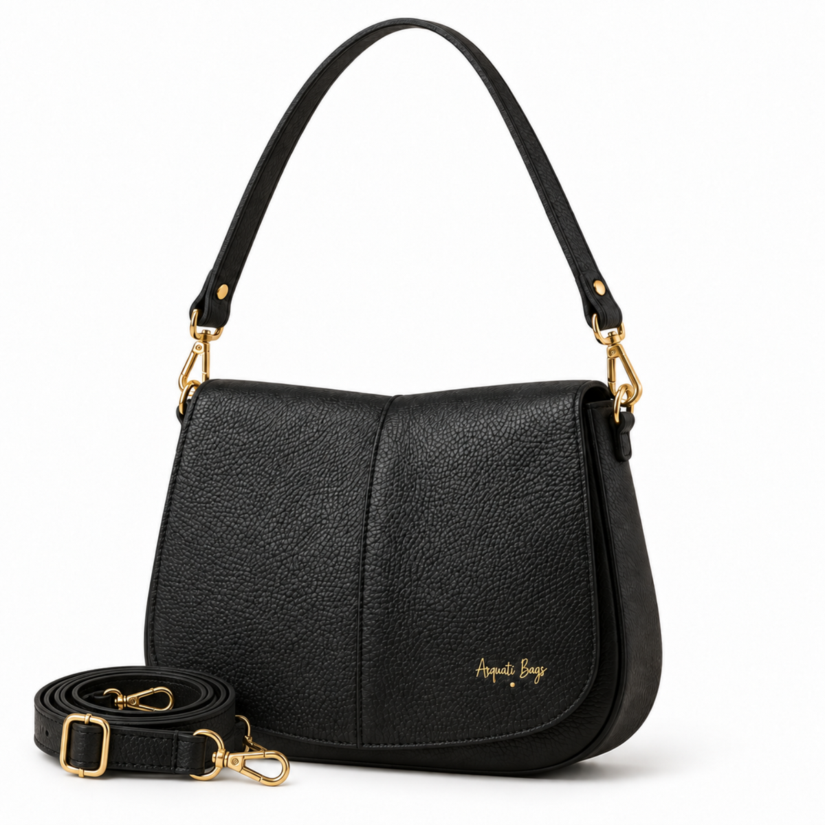 vista frontale  Borsa in vera pelle martellata nera Arquati Bags con tracolla