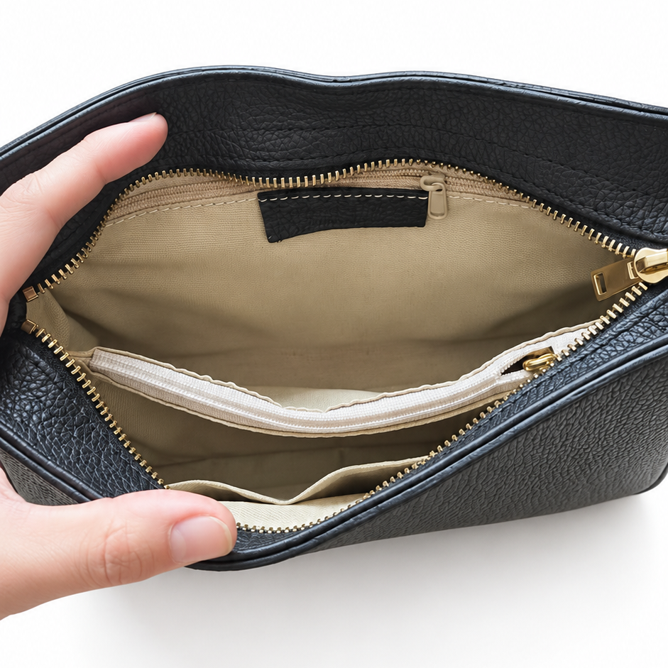 vista interna  Borsa in vera pelle martellata nera Arquati Bags con tracolla